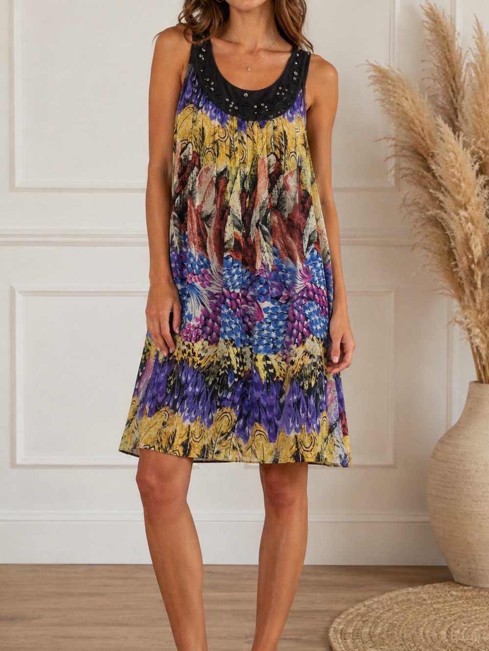 Dress Barn Sleeveless Printed A-Line Dress in Purple, Yellow, Blue and Black